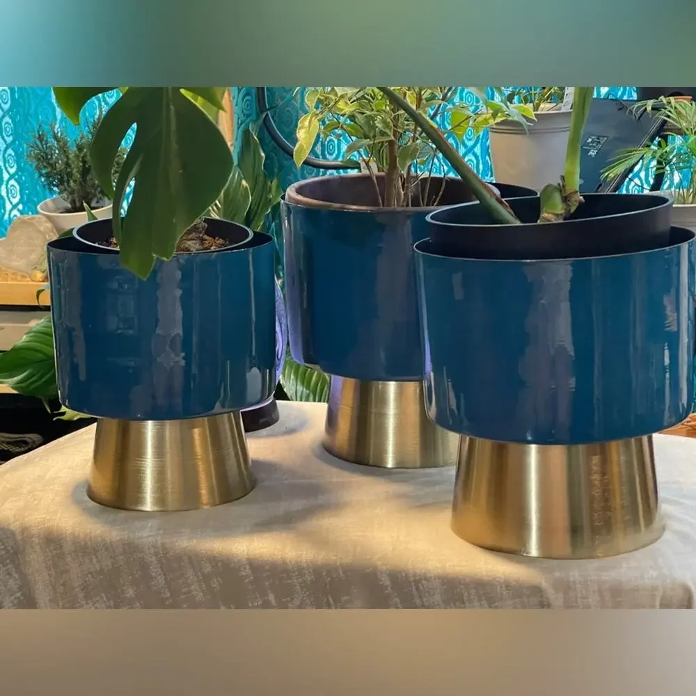 CosmoLiving NEW Blue & Gold Metal Planter 3/SET Modern Home Decor Indoor/Outdoor